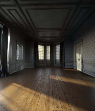 Empty Vintage Gray Room with Wooden Floor and Window Drapes clipart