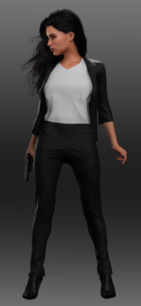 Urban Fantasy Assassin, Private Eye, Detective or Spy, POC Woman in a Black Suit with Guns