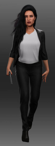 Urban Fantasy Assassin, Private Eye, Detective or Spy, POC Woman in a Black Suit with Guns