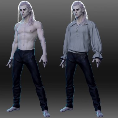 Fantezi Vampir ya da Kara Elf Adam. Hem üstsüz hem de romantik giyimli, uzun beyaz saçlı.