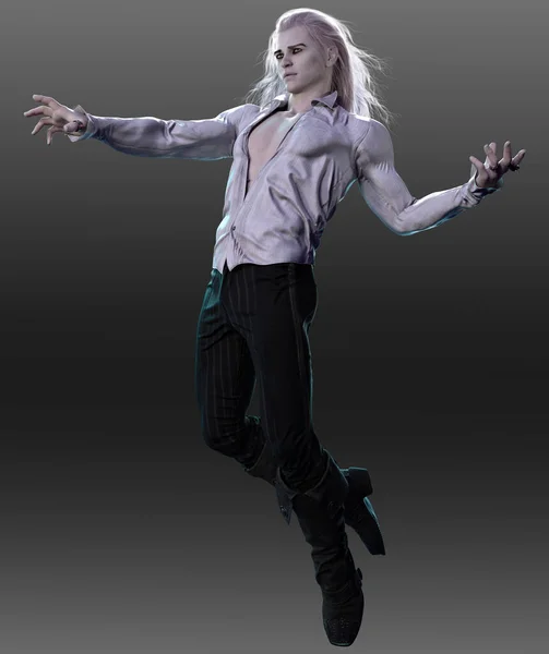 Fantasy Vampire or Dark Elf Man Both Shirtless and in Romantic Wear, Long White Hair