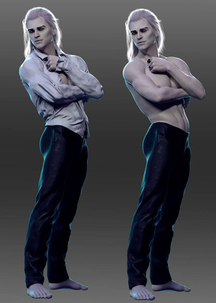 Фантазия Вампир или Тёмный эльф и без рубашки, и в романтической одежде, с длинными белыми волосами