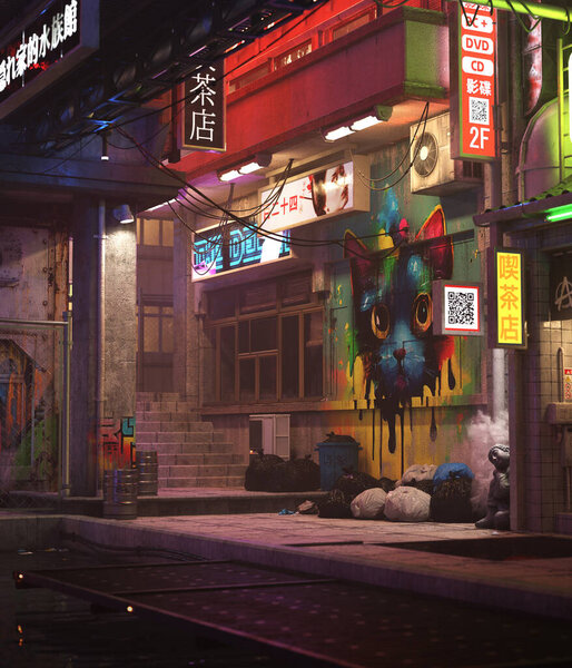 Sci Fi of Cyberpunk Night Street Scene, Dark Alley with Graffiti and Neon Signs