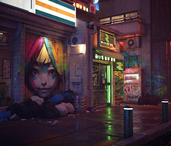 Sci Fi of Cyberpunk Night Street Scene, Dark Alley with Graffiti and Neon Signs