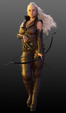 Kahverengi Deri Zırhlı Seksi Sarışın Elf Kadın, Archer veya Ranger