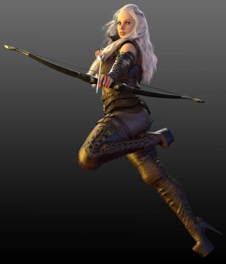 Kahverengi Deri Zırhlı Seksi Sarışın Elf Kadın, Archer veya Ranger