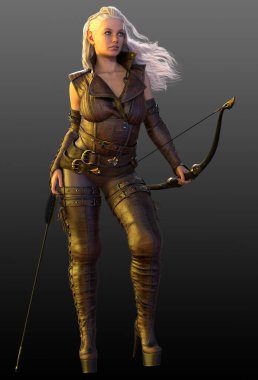 Kahverengi Deri Zırhlı Seksi Sarışın Elf Kadın, Archer veya Ranger