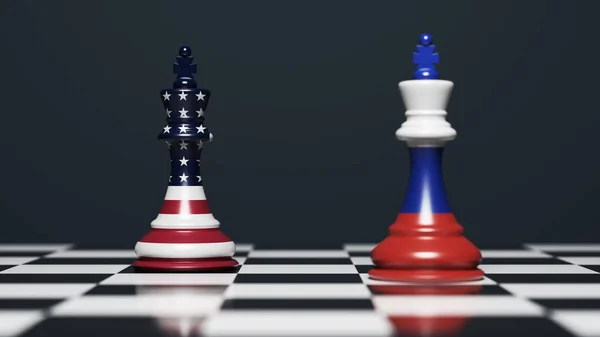 Sakktábla Sakk Királyokkal Oroszországgal Amerikai Zászlóval — Stock Fotó