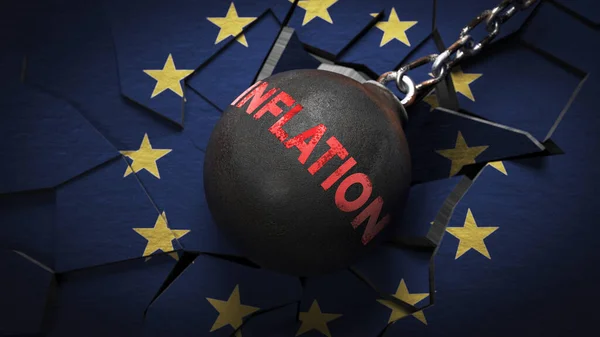 Зруйнування Яча Словом Інфляція Руйнує Стіну Європейського Прапора Концепцію Економічної — стокове фото