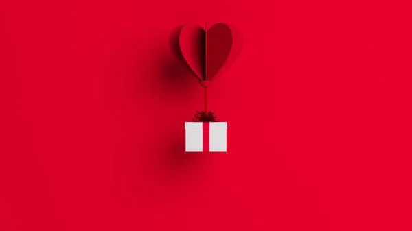 Corazón Rojo Papel Con Caja Regalo Sobre Fondo Rojo Renderizado — Foto de Stock