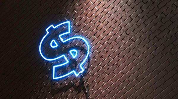 stock image bright blue neon Dollar icon on a brick background. Neon light background. american dollar money glow line.