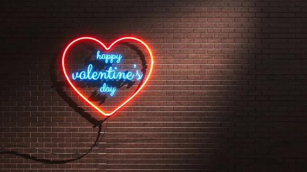 Neon valentine\'s day card or poster, neon light red heart and glowing wishes for happy valentine\'s day on brick background