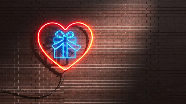 Red heart neon sign with gift box inside on the brick wall. Glowing holiday gift icon. New Year, Christmas, or Valentine\'s day concept.  Greeting card with copy space for your text