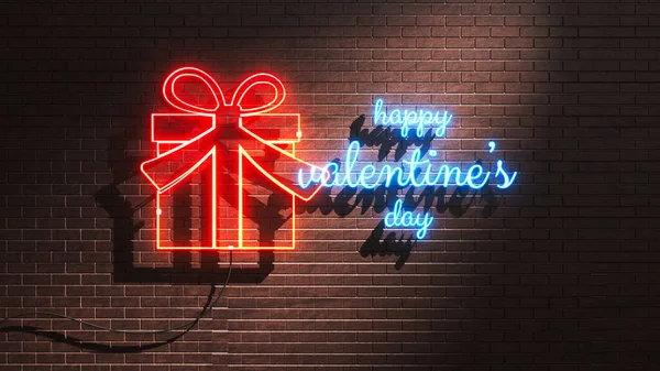 Valentine\'s day neon card or poster, neon light gift, and glowing greeting on brick background