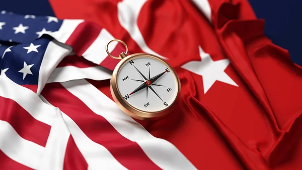 Brújula Sobre Trasfondo Las Banderas Americana Turca Concepto Relaciones Entre Fotos De Stock