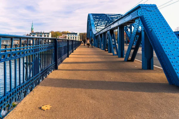 Blue metal bridge over the river, autumn leaf on the pedestrian part of a large metal bridge and figures of people on the horizon, long shadows of the bridge fence on a sunny autumn day in the city