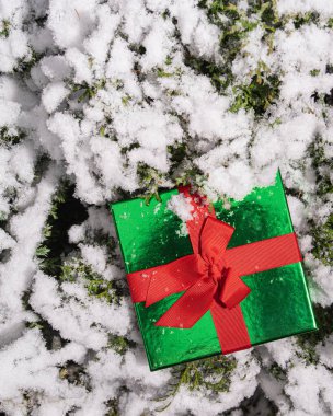 Güneşli bir kış gününde kırmızı kurdeleli zümrüt Noel hediyesi kutusu. Yeşil thuja dalları beyaz pofuduk karla kaplı. Noel ve yeni yıl için arka plan resmi. Düz, dikey, boşluğu kopyala