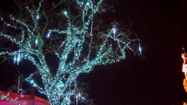 Krakow sokaklarında, gece gökyüzünün arka planında parlak çelenklerle süslenmiş bir ağaç neşeli bir Noel havası yaratır. Otantik Polonya Noel Dekorasyonu