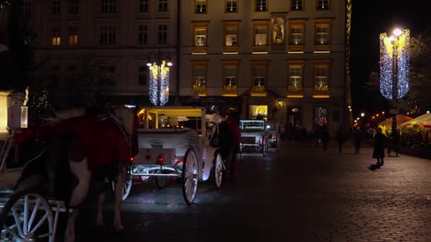 Белые Конные Экипажи Проезжающие Ночью Улице Города Кракова Рождественским Освещением — стоковое видео