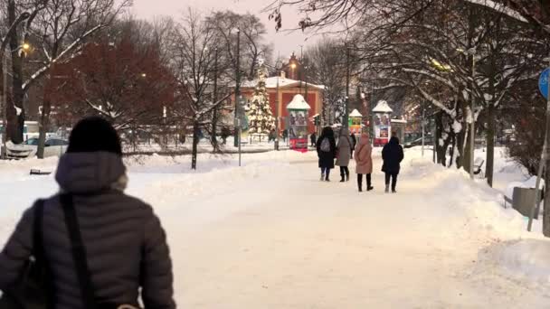Şehir Sakinleri Soğuk Bir Kış Akşamında Karla Kaplı Bir Cadde — Stok video