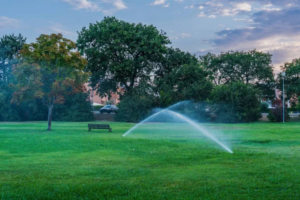 早上在城市公园的绿地浇灌 市公共公园灌溉系统 草坪洒水器在绿色的草地上 在美丽的大自然的背景下喷水 — 图库照片