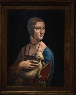 Polonya, Krakow, Czartoryski Müzesi - 17 Mayıs 2023. Leonardo da Vinci (1452-1519), Erminli Kadın - Cecilia Gallerani 'nin güzel kadın portresi, 1490, ahşap panel, tempera, İtalyan Rönesansı