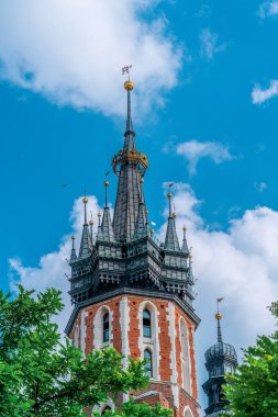 Gotik kulenin yakın çekimi ve Krakow 'daki Bakire Meryem Katolik Bazilikası' nın tacı. Uzun ortaçağ bayrak kulesi mavi gökyüzü ve kuşla çelişiyor. Önplanda yeşil yapraklar