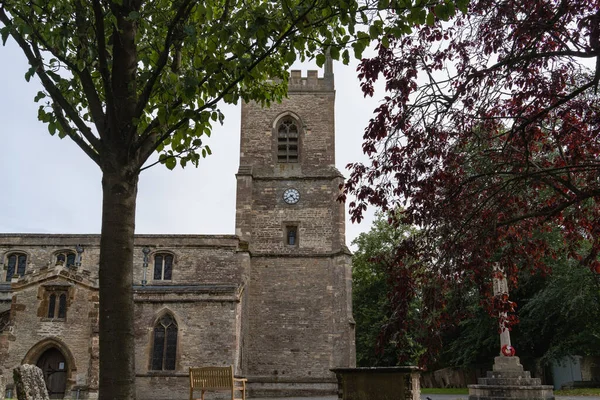 Realistic Photo Authentic English Church Tall Stone Tower Clock Cross — Stock Photo, Image