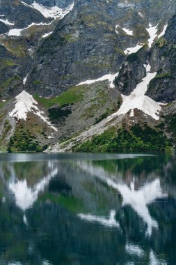 Polonya 'nın Tatra Ulusal Parkı' nda ünlü bir yer olan Morskie Oko Gölü 'nde yansımaları olan sakin bir dağ manzarası. Doğa, seyahat ve macera temaları için mükemmel