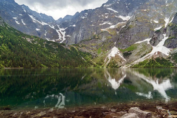 A serene mountain landscape with reflections in Morskie Oko lake, a renowned spot in Poland\'s Tatra National Park. Perfect for nature, travel, and adventure themes