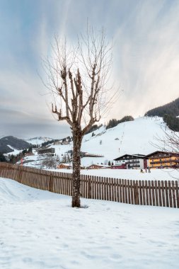 Huzurlu bir kış manzarası, yapraksız bir ağacı karla kaplı tepelerin ve rahat dağlık evlerin zemininde yakalar. Huzurlu yalnızlık ve doğal güzellik kavramını somutlaştırır.