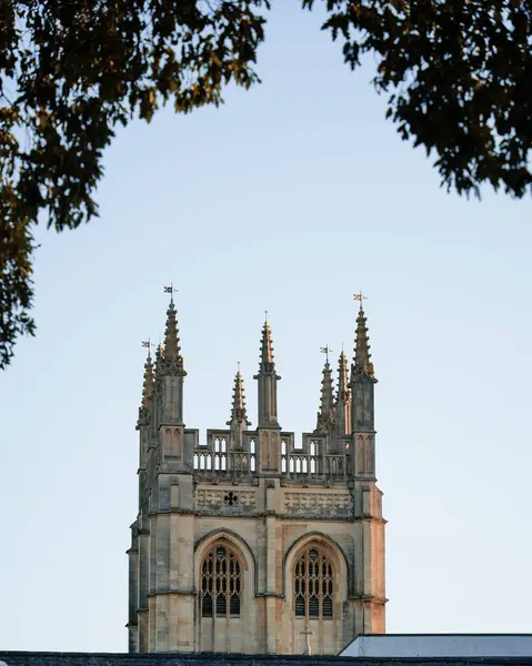 Oxford Üniversitesi 'nin görkemli Gotik Kulesi (muhtemelen Magdalen Kulesi). Karmaşık tepeleri ve kavisli pencereleri olan, soluk mavi gökyüzüne karşı ağaç siluetleri çerçevelenmiş, akademiyi sembolize eden