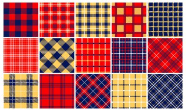 Ekose desenli. Kusursuz tartan desenli klasik tasarım, soyut geleneksel İskoç kumaşı, modern renkli tekstil arka planı. Vektör dokusu. Açık sarı, mavi ve kırmızı kareli arkaplan