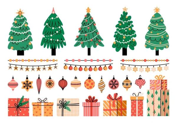 Kit Decoración Árbol Navidad Dibujos Animados Plana Navidad Año Nuevo — Vector de stock