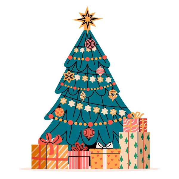 Karácsonyfa Ajándékokkal Díszített Fenyő Ajándékdobozokkal Rajzfilm Fenyő Könnyű Labdák Koszorúk — Stock Vector