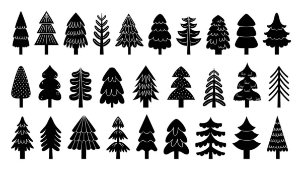 Icônes Arbre Noël Noir Silhouettes Minimes Sapin Hiver Avec Décorations — Image vectorielle