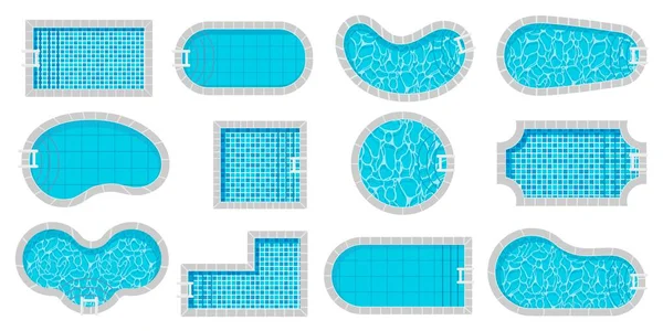 プールトップビュー スイミングプール異なる形状の漫画スタイル 水の質感のタイルと豪華な外観のプールサイド 夏休みはエリアを泳ぐ ベクトル分離集合 アウトドア休暇の要素 — ストックベクタ