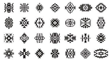 Aztek kabilesi süsü. Yerli Amerikan kültürünün geometrik etnik motif unsurları, eski Peru kabilesinin geleneksel dekoratif sanat amblemleri. Vektör ayarlandı. Tek renkli Navajo ya da Hint sembolleri