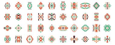 Aztek etnik motifi. Amerikan yerlilerinin geometrik desenleri, logo dövmesi kumaş tasarımı için renkli Meksika kabilesi sanat unsurları. Vektör izole edildi. Renkli antik kültür sembolleri veya süslemeleri