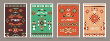 Aztek geometrik posterleri. Etnik Meksika kabilesi süsü, kart kapağı baskısı için eski Hint soyut tasarımı. Yerli Amerikan elementleri ve renkli sembollerle dekore edilmiş vektör modern set