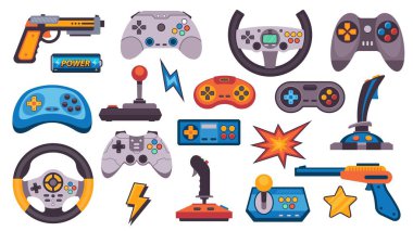 Konsol oyun alanı. Modern video oyunu denetleyicisi joystick tabanca tekerleği karikatür ikonları, video oyunu oyuncuları için eski düz kablosuz oyun aletleri. Vektör ayarlandı. Boş zaman aktivitesi için taşınabilir aygıtlar
