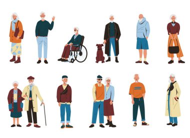 Yaşlılar. Çizgi film yaşlı kadın emekli erkek, modaya uygun kıyafetler giyen modern olgun insanlar, emeklilikte aktif kıdemli karakterler. Vektör ayarlandı. Büyük anne ve büyük baba şık kıyafetler içinde.