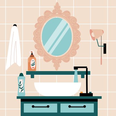 Banyo içi aynalı. Modern banyo küveti yıkama havluları duvar lambaları çizgi film tuvalet minimalizmi hijyen konsepti. Vektör çizimi. Tuvalet kozmetik ürünleri ve mobilyalar