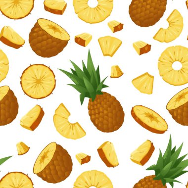 Egzotik ananas deseni. Organik meyvelerin kusursuz baskısı, kumaş ambalaj kağıdı tekstili için tekrarlanan tropikal botanik bitkisi. Vektör dokusu. Çiğ lezzetli çerez