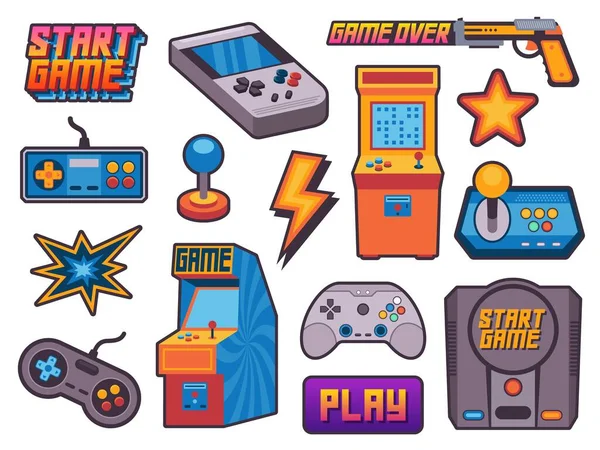 stock vector Video game stickers. Vintage gamer assets with pixel 8 bit icons, cartoon nostalgia hipster gamepad joystick arcades flat style. Vector illustration. Gaming console, wireless gadgets