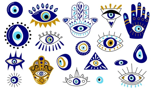 土耳其的眼睛收藏 摘要漫画蓝邪恶的眼睛哈姆萨魔法图标 奇幻神秘的护身符保护 当代向量集 灵性和神圣物品 宗教护身符 — 图库矢量图片