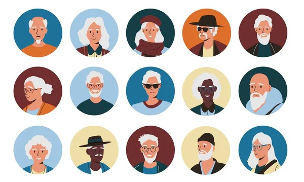 Awatary Seniorów Starsze Postacie Kreskówek Okrągłe Ikony Zadowoleni Starzy Mężczyźni — Wektor stockowy