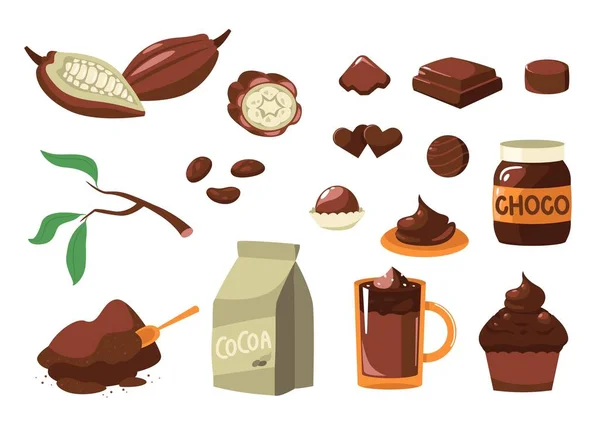 漫画ココア カカオミルクのための茶色の豆ダークチョコレートドリンクキャンディー デザート飲料化粧品のための甘い製品 ベクトル分離集合 ホットチョコレートドリンク付きカップ 粉末入りパッケージ — ストックベクタ
