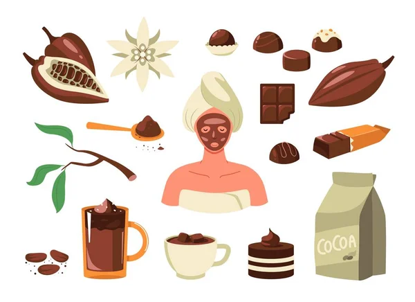 Какао Продукты Мультфильм Какао Бобы Порошок Мил Темный Шоколад Пить — стоковый вектор