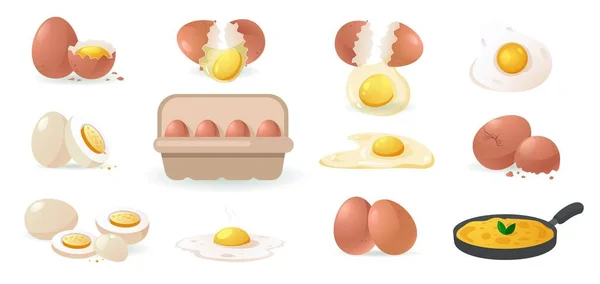 Set Uova Cartoni Animati Proteine Guscio Uovo Tuorlo Uovo Crudo — Vettoriale Stock